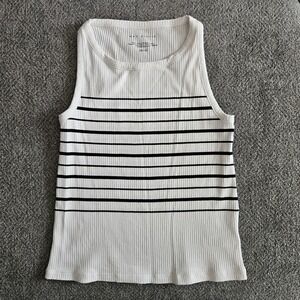 Max Studio XS Ribbed Knit Striped Tank Top White Black Sleeveless Crew Neck